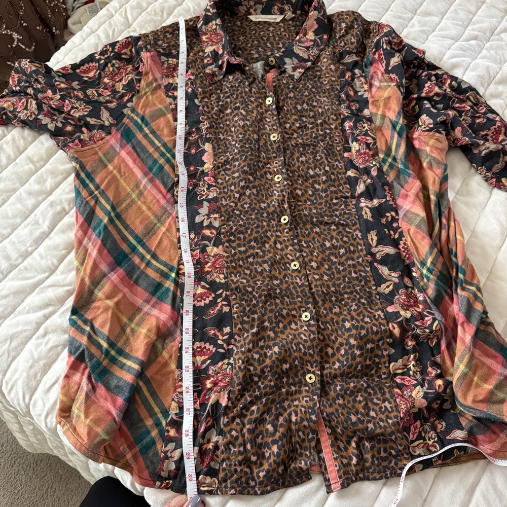 Soft Surroundings brown mixed floral animal print plaid boho long sleeve shirt - Picture 7 of 8